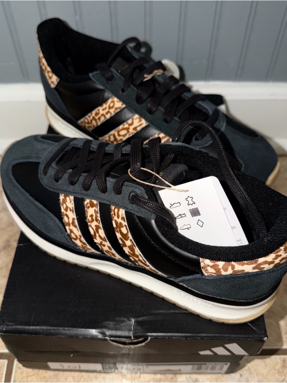 adidas Run 70s 2.0 Sneakers - Black with Tan Sole and Leopard Accent